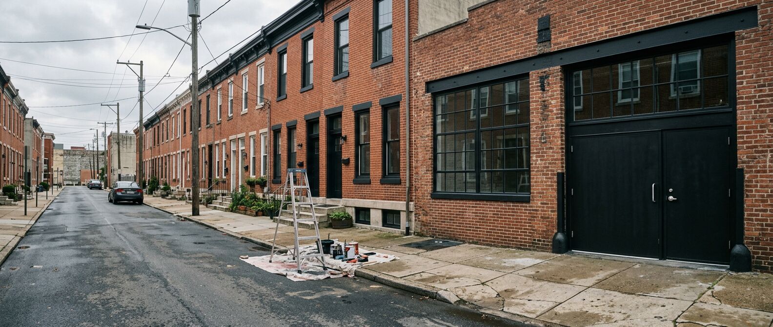 A brick rowhouse block and converted warehouse with fresh black trim and steel doors, a ladder and drop cloth at the curb